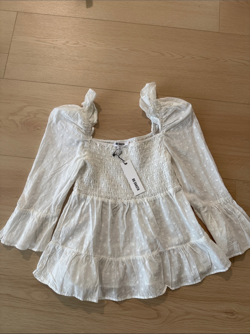 BB Dakota White Smocked Swiss Dot Peasant Blouse
